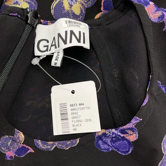 Ganni Floral Long Blouson Sleeve Floral Pansy Georgette Mini Dress 8-10 - Picture 6 of 9